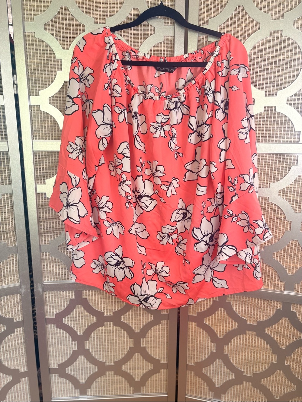 Colleen Lopez Coral Pink Floral Peasant Blouse